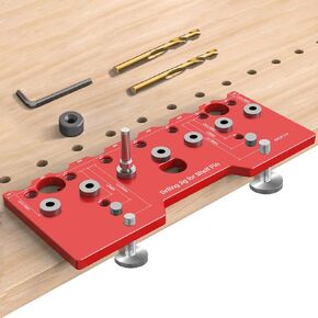 KIKETECH Shelf Pin Jig - Hinge Jig, 2 in 1 Aluminum Alloy Shelf Pin Drilling Jig 1/4 Inch, Self-Contained Clamping Function All Metal, Cabinet Hardware Jig Tool Drill Guide with Drill Bits, RoseRed