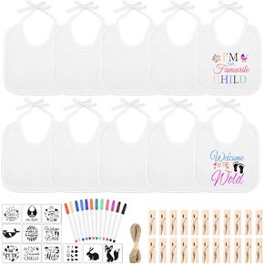 BOUBONI 88 Pcs DIY Baby Bibs Decorating Set Includes 18 White Baby Bibs 12 Fabric Markers 24 Stencils 33 Clothespins 1 Hemp Rope for Baby Shower Games Boys Girls