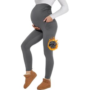 HIGHDAYS Fleece Lined Maternity Leggings with Pockets Over The Belly，High Waisted Winter Yoga Workout Pregnancy Thermal Pants