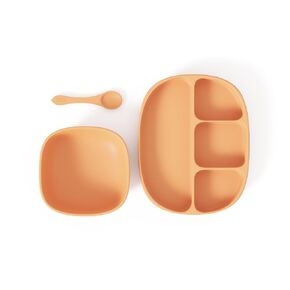 Baby Feeding Set by Muqee Peeko as a Baby Feeding Essentials in Baby Apricot Color with Baby Suction Plates for Toddlers, Baby Bowls with Suction and Baby Spoon (3 Piece Set)