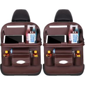 EAQ PU Leather Backseat Car Organizer (2 PCS) - Back Seat Organizer for Kids, Featuring a Foldable Table Tray That Holds Touch Tablets. Ideal Car Travel Accessories, Brown