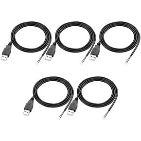 MEIRIYFA USB 2.0 Pigtail Cable Male Plug 2 Pin Open End Bare Wire, USB A Male to 2 Pin Bare Wire Power Extension Cable 24AWG 5V 2.5A 2 Cores Wire for DIY Replacement Repair-1M (5 PCS)