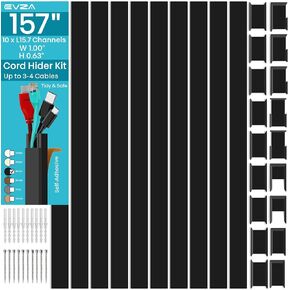 Black Cord Cover Wire Hider - 157in Large Cable Concealer, Cord Hider for Wall Mount TV, Cable Raceway Kit, Extension Cord Cover Indoor, Electrical Wire Cover, Cable Management Wall, Wire Molding