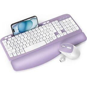 Wireless Keyboard and Mouse Combo, EAYBLLY Wave Keys Wireless Ergonomic Keyboard with Cushioned Wrist Rest, Phone Holder, 2.4GHz Silent Cordless Keyboard Mouse Set for Computer, Laptop, PC, Windows