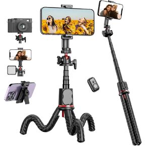 Flexible Tripod Selfie Stick for iPhone - Extendable Phone Tripod Selfie Stick with Cold Shoe Mount & Remote, Cell Phone Tripod Stand for Video Recording Vlog Compatible with iPhone Android Camera