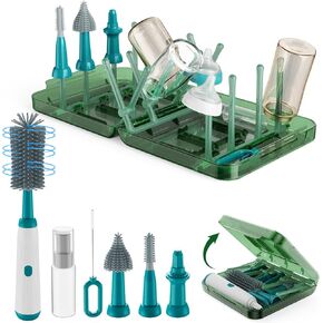 Electric Bottle Brush Cleaner with Drying Rack, Rechargeable Baby Bottle Brush with Straw Brush, Nipple Brush, Extendable Handle, Soap Dispenser, Travel Bottle Cleaner Portable Baby Essential (Gray)