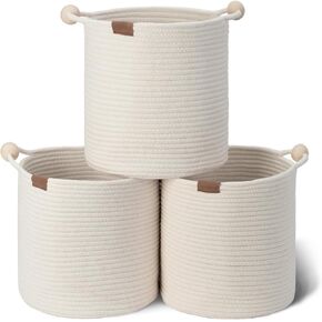 StorageWorks Woven Storage Baskets for Organizing, Woven Basket with Wooden Handles, 13 x 13 Woven Baskets for Storage, Small Woven Cube Storage Basket for Living Room, White&Light Brown, 3-Pack