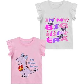 2 Pack Toddler Girl Big Sister Shirt Promoted to Big Sister Ruffle Sleeve Butterfly Strawberry Dino Outfit