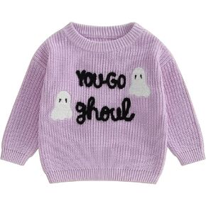 Kupretty Toddler Baby Girl Sweater Halloween Pumpkin Ghost Embroidery Chunky Knit Sweaters Crewneck Warm Knitwear Pullovers