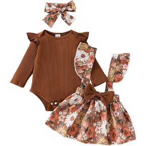 Newborn Baby Girl Outfit Ribbed Romper Top Boho Floral Suspender Skirt Dress Overalls Headband Set Fall Clothes