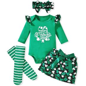 fioukiay My First St Patrick's Day Baby Girls Outfit Romper Clover Bow Skirt with Headband Infant Newborn Clothes Set