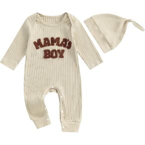 Mandizy Infant Baby Boy Romper Coming Home Outfit Long Sleeve Letter Embroidered Jumpsuit Hat 2Pcs Ribbed Knitted Clothes Set