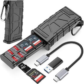AboveTEK High-Speed SD Card Reader, 2-in-1 SD/Micro SD Card Holder & Reader, USB 3.1 Type-C UHS-II SD Card Storage Case for Camera Memory Cards, Compatible with iPhone, Drones, Action Cameras, Tablets