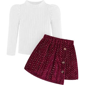 Baby Girl Clothes Toddler Girl Skirt set Girls' Fall Outfits Long Puff Sleeve Tops and Sequin Mini Skirt