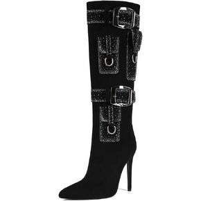 Rhinestone Knee High Boots for Woman Pointed Toe Long Boots Stiletto Heel Tall Boots Modern Metal Buckle Boots.
