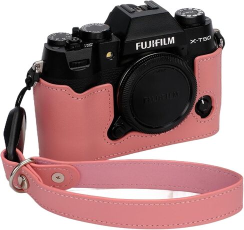Bowan X-T50 Camera Case, Handmade Genuine Real Leather Half Camera Case Bag Cover for Fujifilm X-T50 Camera Bottom Opening Version + Hand Strap (Pink) in Kuwait