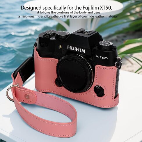 Bowan X-T50 Camera Case, Handmade Genuine Real Leather Half Camera Case Bag Cover for Fujifilm X-T50 Camera Bottom Opening Version + Hand Strap (Pink) in Kuwait