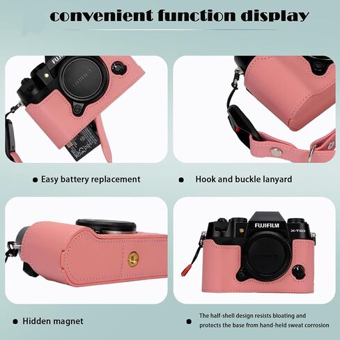 Bowan X-T50 Camera Case, Handmade Genuine Real Leather Half Camera Case Bag Cover for Fujifilm X-T50 Camera Bottom Opening Version + Hand Strap (Pink) in Kuwait