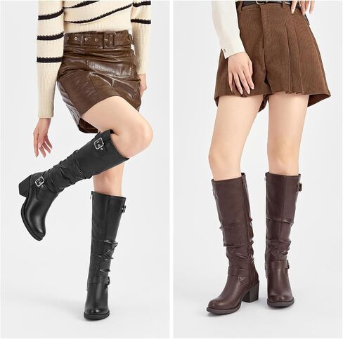 SelenePair Women's Knee High Boots Fashion Round Toe Buckle Strap Slouchy Mid Chunky Block Heel Boot in Saudi Arabia