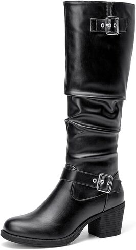 SelenePair Women's Knee High Boots Fashion Round Toe Buckle Strap Slouchy Mid Chunky Block Heel Boot in Saudi Arabia