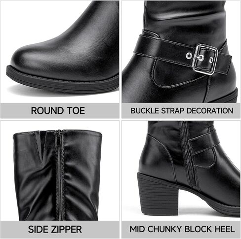 SelenePair Women's Knee High Boots Fashion Round Toe Buckle Strap Slouchy Mid Chunky Block Heel Boot in Saudi Arabia