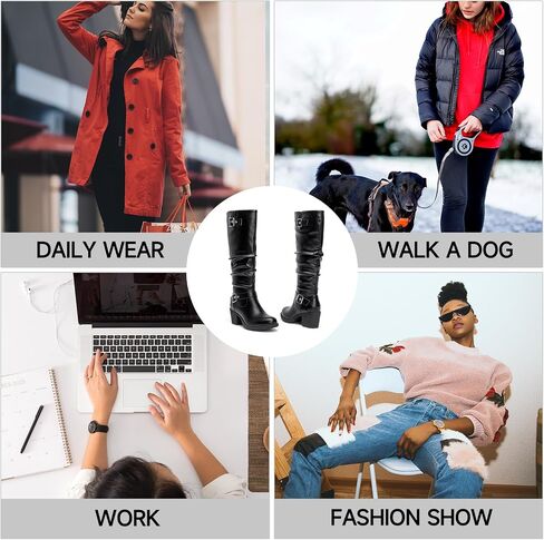 SelenePair Women's Knee High Boots Fashion Round Toe Buckle Strap Slouchy Mid Chunky Block Heel Boot in Saudi Arabia
