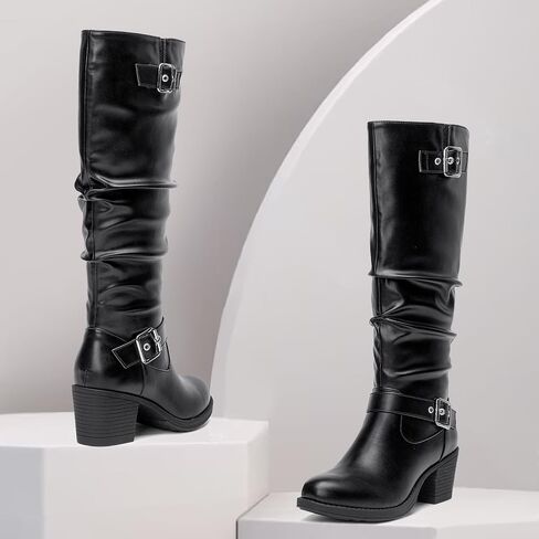 SelenePair Women's Knee High Boots Fashion Round Toe Buckle Strap Slouchy Mid Chunky Block Heel Boot in Saudi Arabia