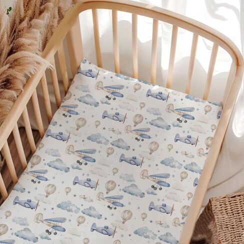 Plane Clouds Crib Sheets, Plane Hot Air Balloon Baby Fitted Crib Sheet for Standard Crib and Toddler Mattress, Unisex Plane Mattress Sheet for Baby Boys Girls, Plane Print Baby Sheet for Crib-28 * 52 in Saudi Arabia