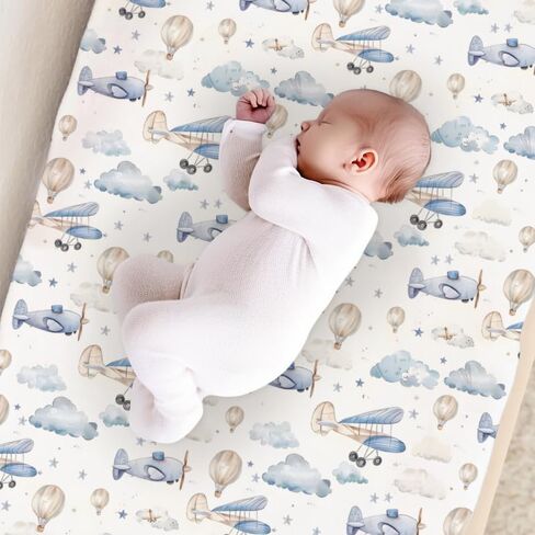 Plane Clouds Crib Sheets, Plane Hot Air Balloon Baby Fitted Crib Sheet for Standard Crib and Toddler Mattress, Unisex Plane Mattress Sheet for Baby Boys Girls, Plane Print Baby Sheet for Crib-28 * 52 in Saudi Arabia