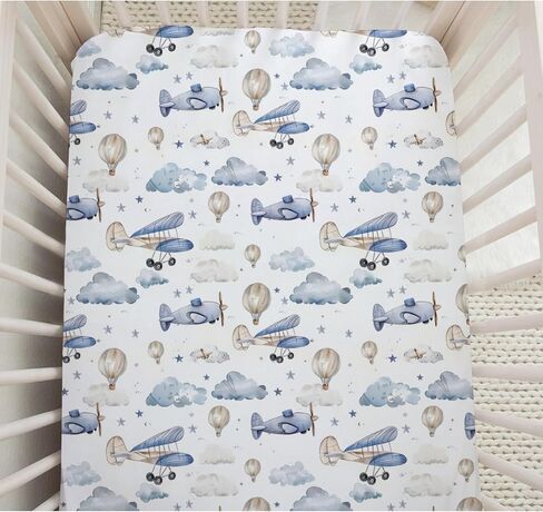 Plane Clouds Crib Sheets, Plane Hot Air Balloon Baby Fitted Crib Sheet for Standard Crib and Toddler Mattress, Unisex Plane Mattress Sheet for Baby Boys Girls, Plane Print Baby Sheet for Crib-28 * 52 in Saudi Arabia
