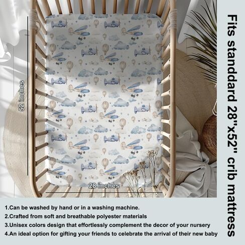 Plane Clouds Crib Sheets, Plane Hot Air Balloon Baby Fitted Crib Sheet for Standard Crib and Toddler Mattress, Unisex Plane Mattress Sheet for Baby Boys Girls, Plane Print Baby Sheet for Crib-28 * 52 in Saudi Arabia