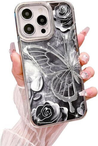 MGQILING Compatible with iPhone 15Pro Max, Luxury Butterfly Rose Flower Pattern Case, 3D Butterfly Design for Women Girls Anti-Drop Protective Back Cover-Black in Saudi Arabia