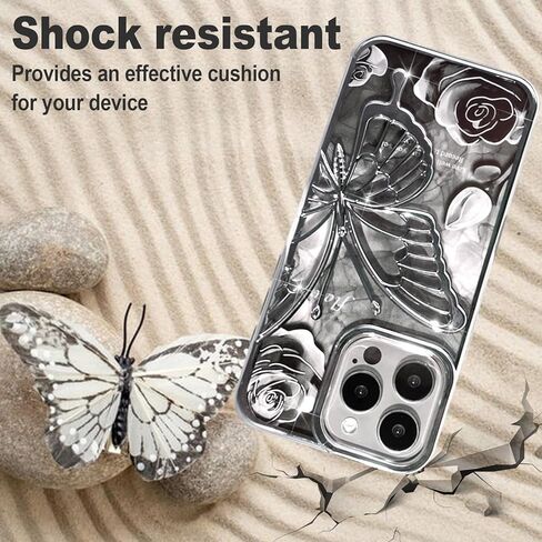 MGQILING Compatible with iPhone 15Pro Max, Luxury Butterfly Rose Flower Pattern Case, 3D Butterfly Design for Women Girls Anti-Drop Protective Back Cover-Black in Saudi Arabia