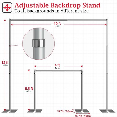EMART Pipe and Drape Backdrop Stand Kit, 12ftx10ft Heavy Duty Adjustable Photo Background, Metal Frame with Flat Base for Wedding, Birthday Party, Banquet Decorations, Black in Kuwait