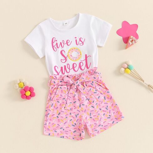 Omkzanbi طفل فتاة عيد ميلاد الزي 2nd/3rd/4th/5th الحلو دونات التطريز قمصان رش السراويل 2-5Y الهدايا كعكة سحق مجموعة in Kuwait