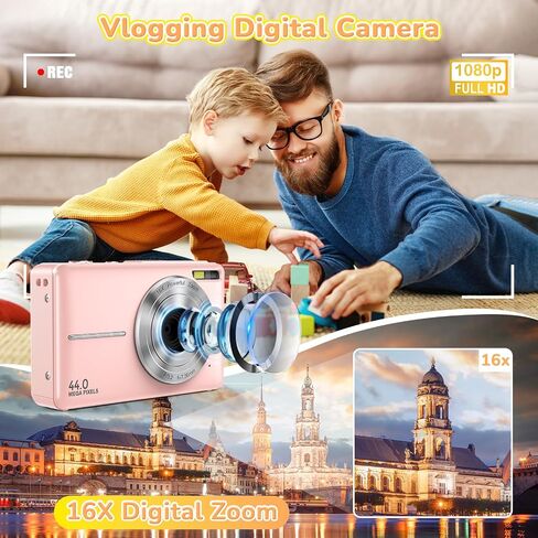 Digital Camera, 2024 Upgraded 1080P 44MP Digital Cameras for Kids, Digital Point and Shoot Camera with 16X Zoom, 32GB SD Card, Time Stamp, Compact Small Travel Camera for Boys Girls Teens, Black in Saudi Arabia