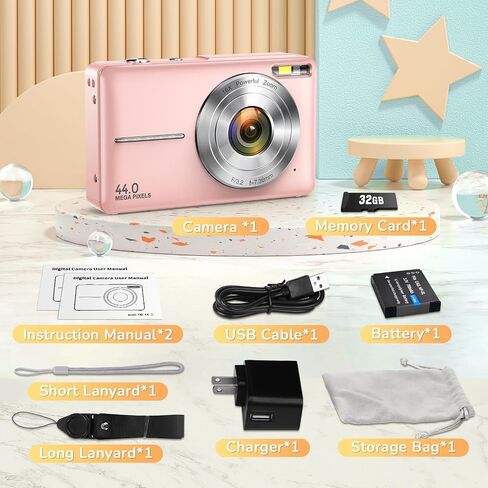 Digital Camera, 2024 Upgraded 1080P 44MP Digital Cameras for Kids, Digital Point and Shoot Camera with 16X Zoom, 32GB SD Card, Time Stamp, Compact Small Travel Camera for Boys Girls Teens, Black in Saudi Arabia