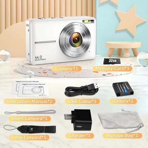 كاميرا رقمية، كاميرات رقمية 2024 بدقة 1080 بيكسل 44 ميجابكسل للأطفال، كاميرا رقمية للنقطة والتقاط مع تكبير 16X، بطاقة SD سعة 32 جيجابايت، ختم زمني، كاميرا سفر صغيرة مدمجة للأولاد والبنات والمراهقين، أسود in Kuwait