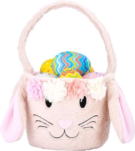 Homarden Plush Easter Bunny Basket for Kids - Cute Fluffy Easter Basket - Carry Around Girl's Basket - Adorable Easter Decoration for Home - Unique Basket for Toys and Candies - 6.6x7.8x7.8 in (Pink) in Saudi Arabia