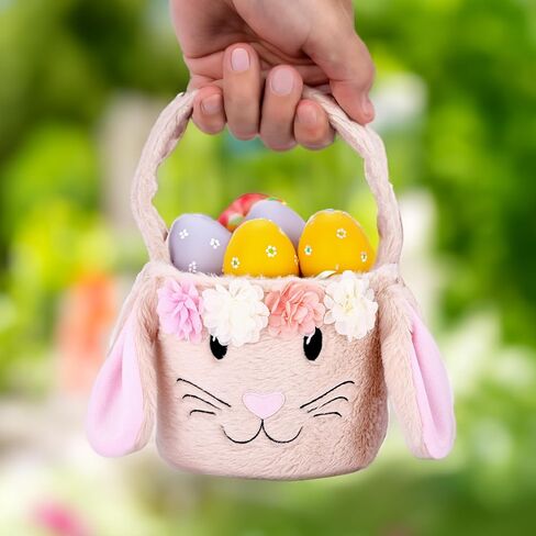 Homarden Plush Easter Bunny Basket for Kids - Cute Fluffy Easter Basket - Carry Around Girl's Basket - Adorable Easter Decoration for Home - Unique Basket for Toys and Candies - 6.6x7.8x7.8 in (Pink) in Saudi Arabia