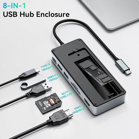 Yottamaster USB C Hub with 4TB M.2 NVMe SSD Enclosure, 8 Ports USB C HUB Adapter 10Gbps USB 3.2 Gen2, 4K@60Hz HDMI, 100W PD, Ethernet for Windows, Mac [Diskless] - YM28PR in Saudi Arabia