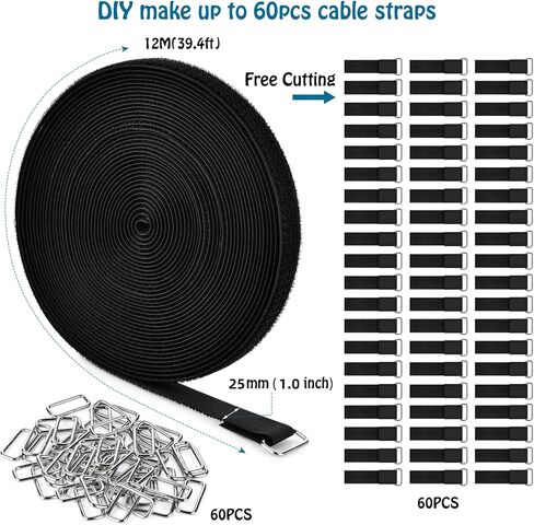 1"x19.7ft Hook and Loop Straps with 30 Buckles Adjustable Cut-to-Length Cable Ties - Reusable Nylon Fastening Tape Cable Straps for Storage or Organization (1in x 19.7ft) in Kuwait