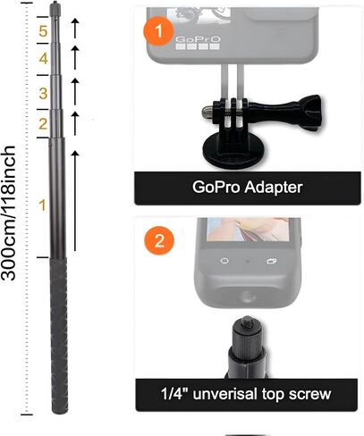 59in/150cm Invisible Selfie Stick Pole, Waterproof Aluminium Alloy Extension Monopod with Adapters, 1/4" Extended Monopod Pole for DJI Action 4 GoPro 12 11 10 9 8 7 Insta360 GO 4 X4 AcePro in Saudi Arabia