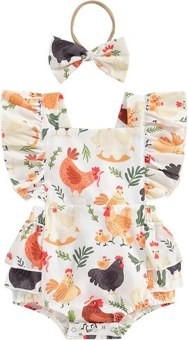 Newborn Western Clothes Goose/Duck Print Romper Ruffle Sleeveless Bodysuit with Headband Baby Farm Outfit in Saudi Arabia