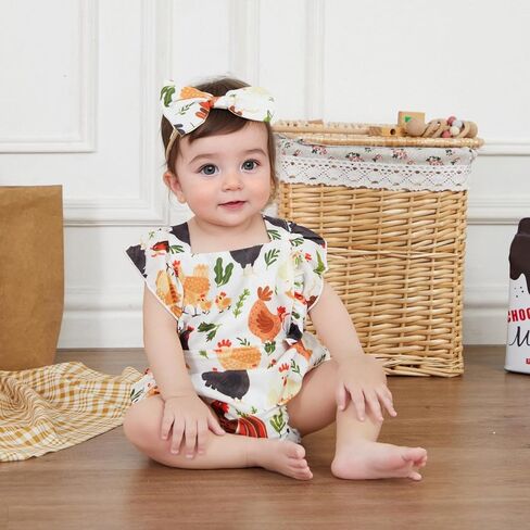 Newborn Western Clothes Goose/Duck Print Romper Ruffle Sleeveless Bodysuit with Headband Baby Farm Outfit in Saudi Arabia
