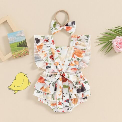 Newborn Western Clothes Goose/Duck Print Romper Ruffle Sleeveless Bodysuit with Headband Baby Farm Outfit in Saudi Arabia