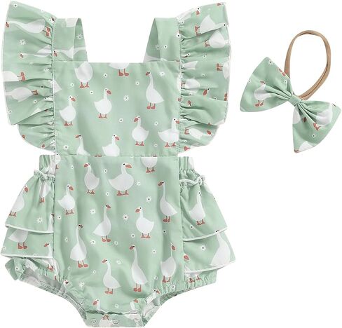 Newborn Western Clothes Goose/Duck Print Romper Ruffle Sleeveless Bodysuit with Headband Baby Farm Outfit in Saudi Arabia