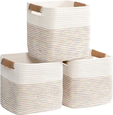 danpinera 11 Inch Storage Baskets, Woven Baskets for Organizing, 3 Pack Storage Cubes for Shelves, Closet, Nursery with Removable Leather Handles, White & Mixed Brown in Saudi Arabia