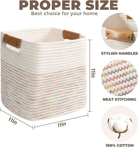 danpinera 11 Inch Storage Baskets, Woven Baskets for Organizing, 3 Pack Storage Cubes for Shelves, Closet, Nursery with Removable Leather Handles, White & Mixed Brown in Saudi Arabia