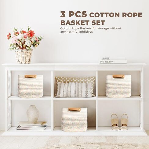 danpinera 11 Inch Storage Baskets, Woven Baskets for Organizing, 3 Pack Storage Cubes for Shelves, Closet, Nursery with Removable Leather Handles, White & Mixed Brown in Saudi Arabia
